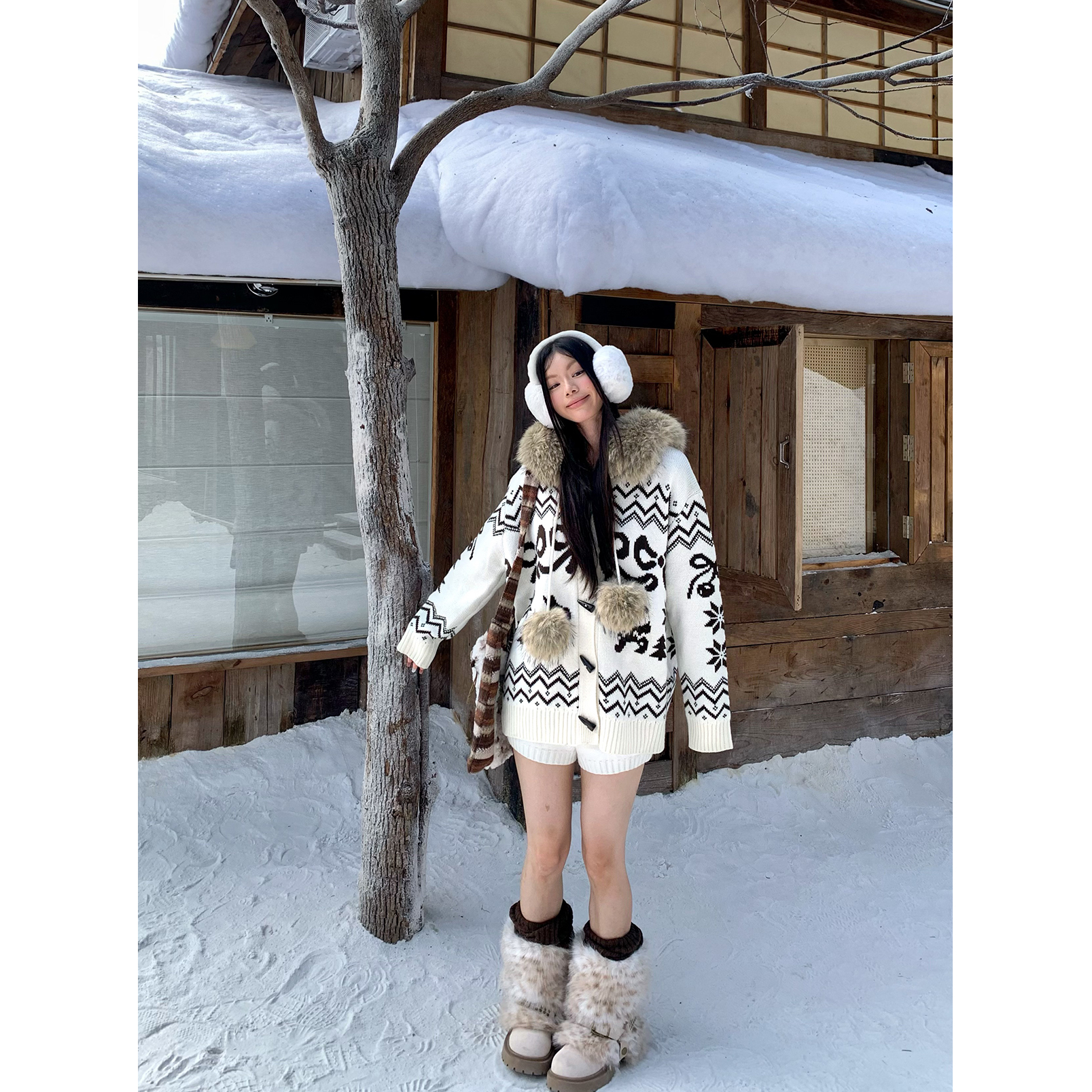 Wisher 希甜费尔岛提花毛领牛角扣针织毛衫女慵懒风百搭毛衣外套