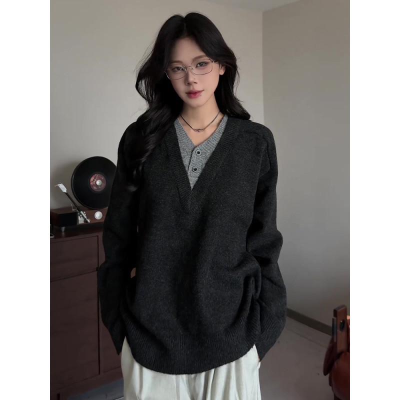 老钱风cleanfit深V领毛衣男女同款秋冬季慵懒风假两件针织衫外套