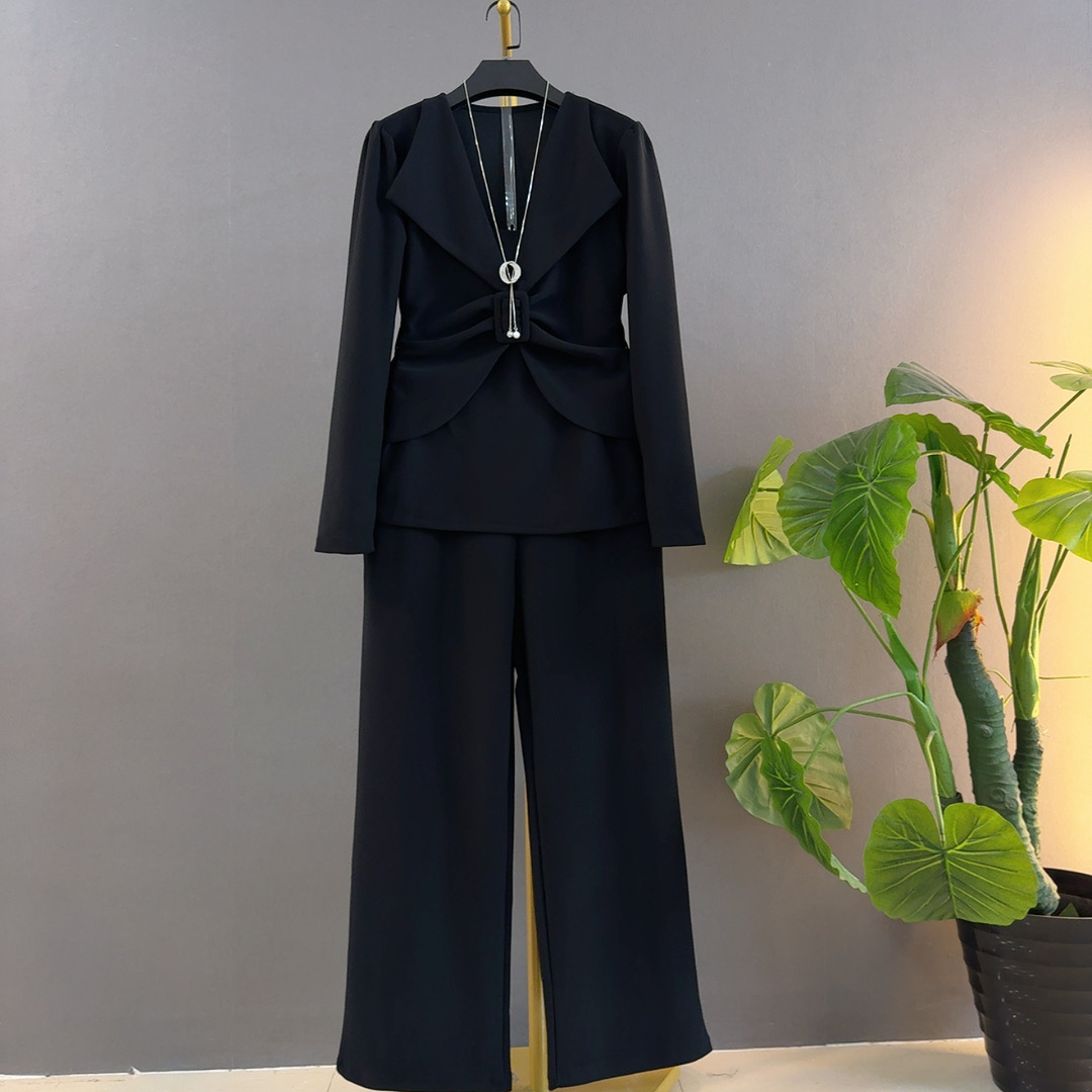 极简风时尚套装上衣气质阔腿裤春季长袖假两件上衣高级感设计师款