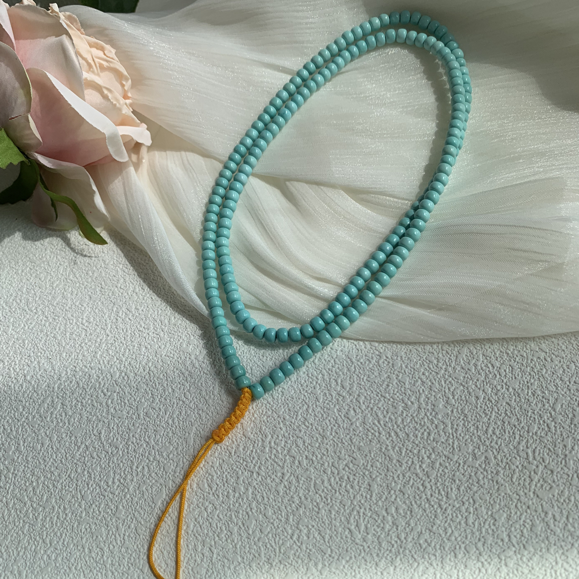 湖北原矿天然绿松石高瓷老型手串108颈链 直径4.8