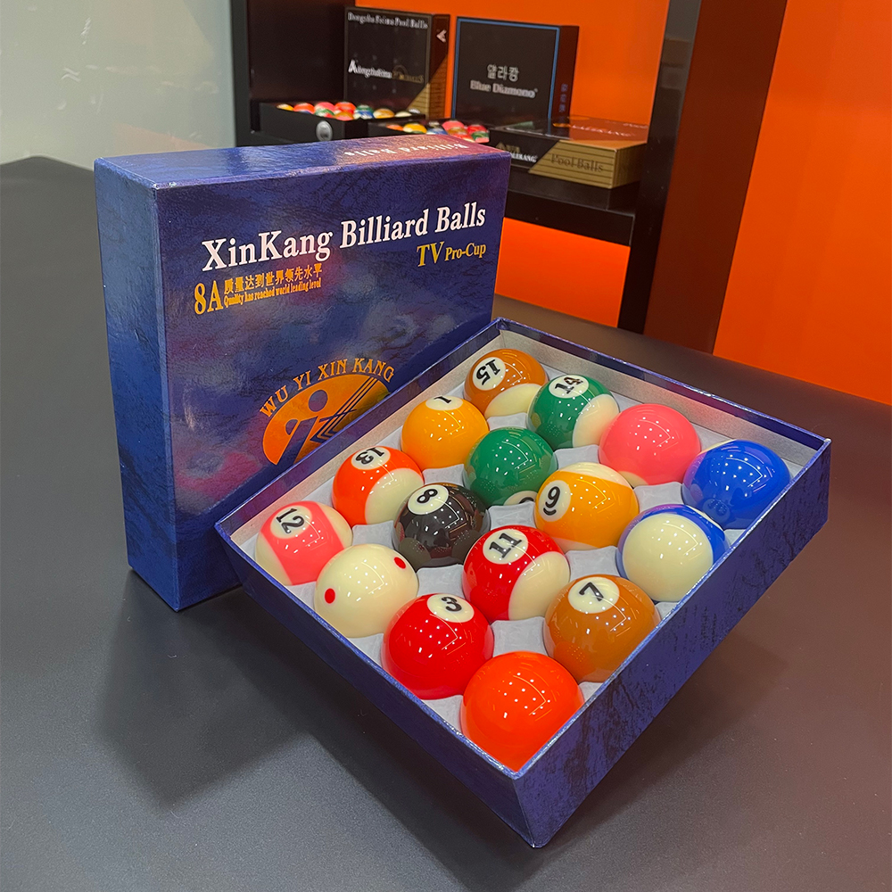 新康8A蓝盒中式台球子黑八16彩桌球树脂水晶球桌球台用品标准大号