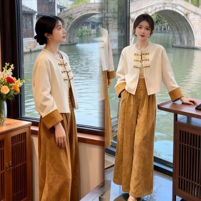 拉夏贝尔丝绒国风外套潮流裤子套装2025秋季新中式改良唐装两件套