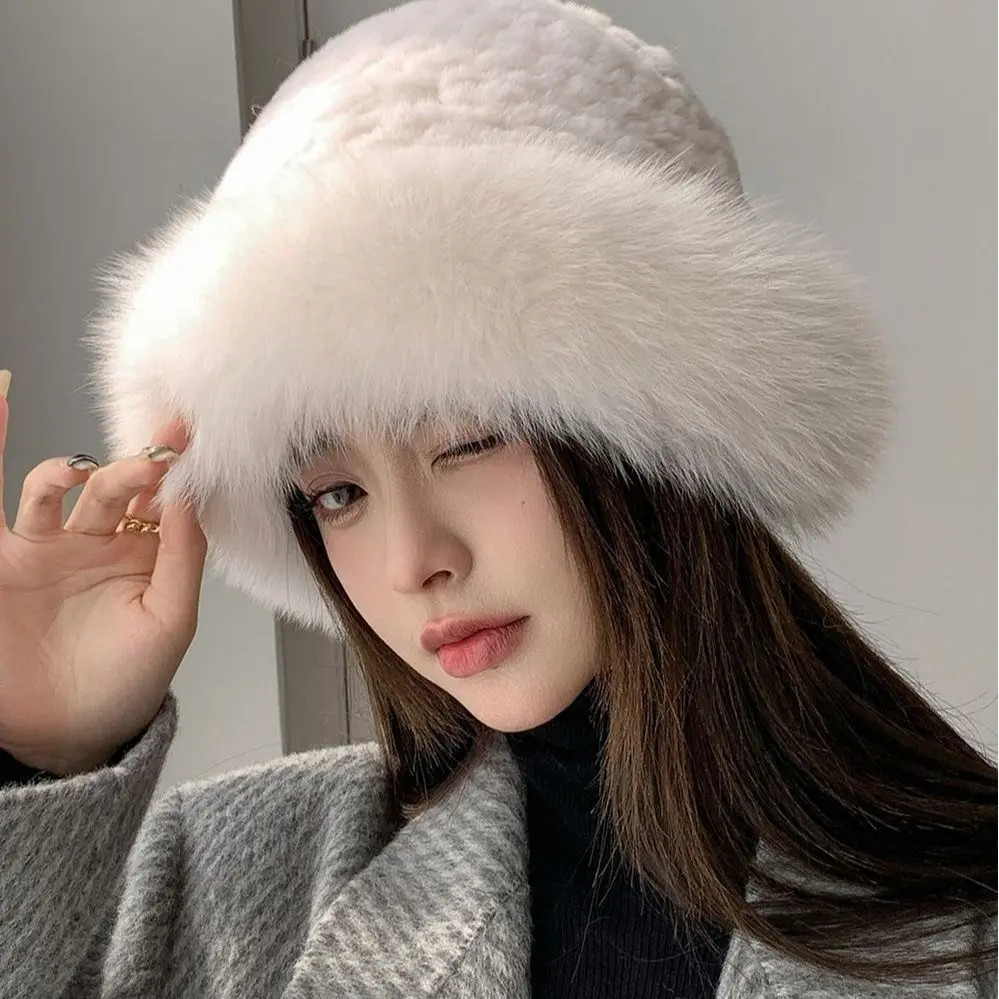 帽子女冬季韩版百搭保暖白色毛绒渔夫帽加厚护耳盆帽显脸小水桶帽