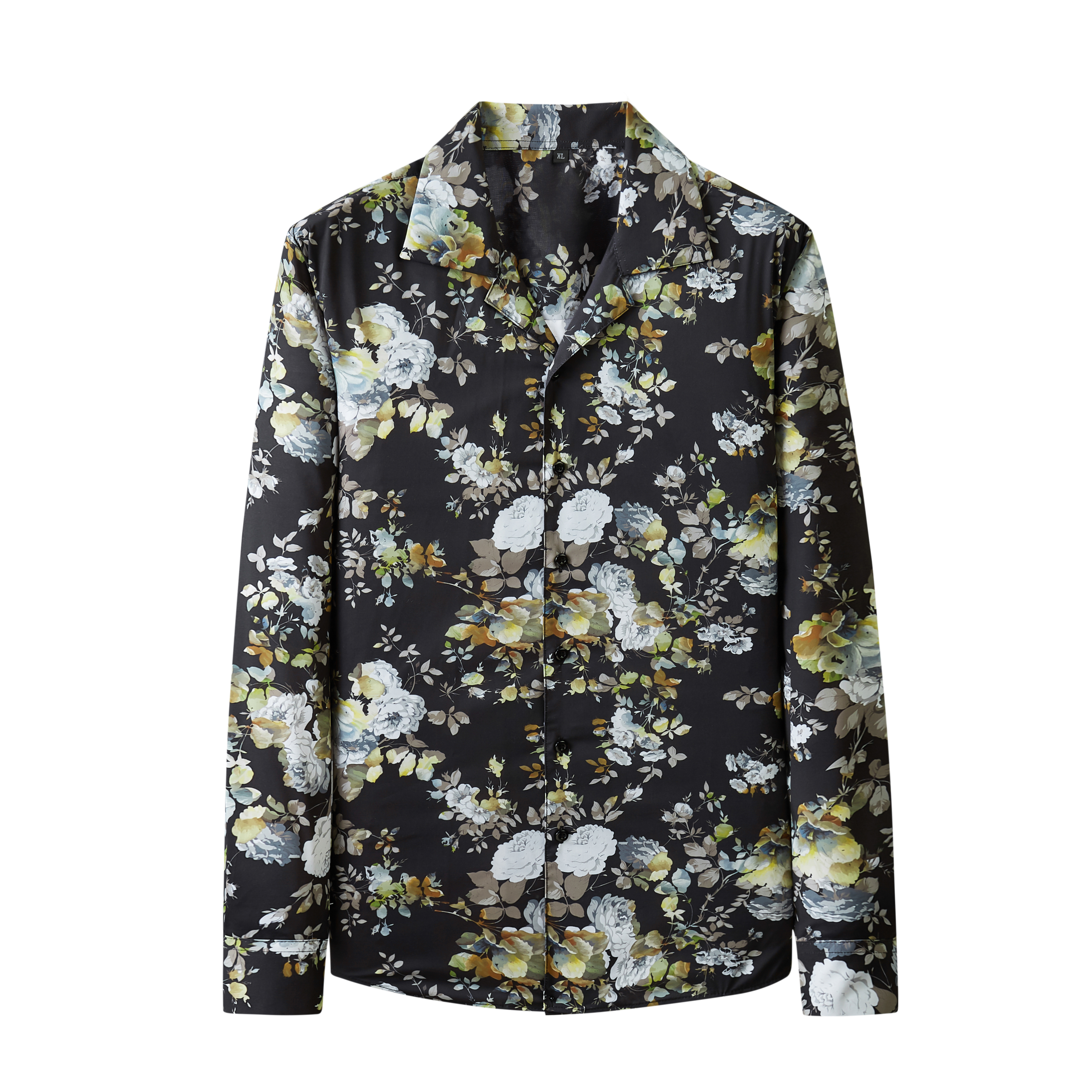 加肥加大男士时尚潮流修身印花大码秋季薄款复古休闲长袖花衬衫DP