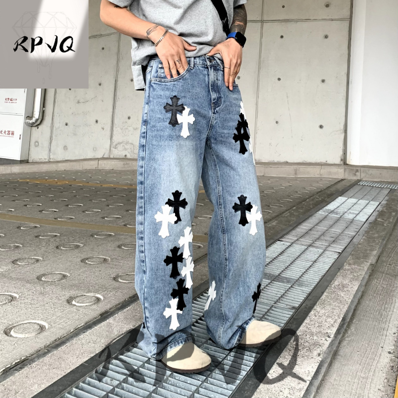 蓝色水洗宽松直筒新款青年牛仔裤