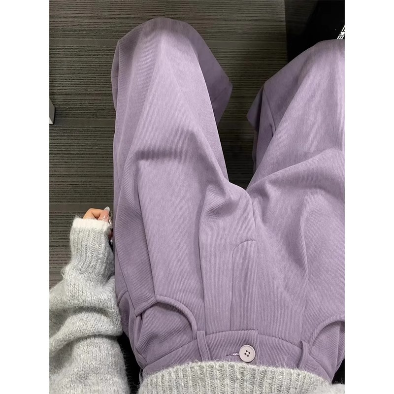 紫色灯芯绒裤女秋冬季加绒2025新款高腰垂感宽松显瘦休闲阔腿裤子