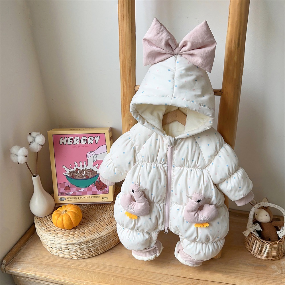全棉时代婴儿冬装加厚保暖棉衣韩版女宝宝蝴蝶结小鸭子连体衣外出