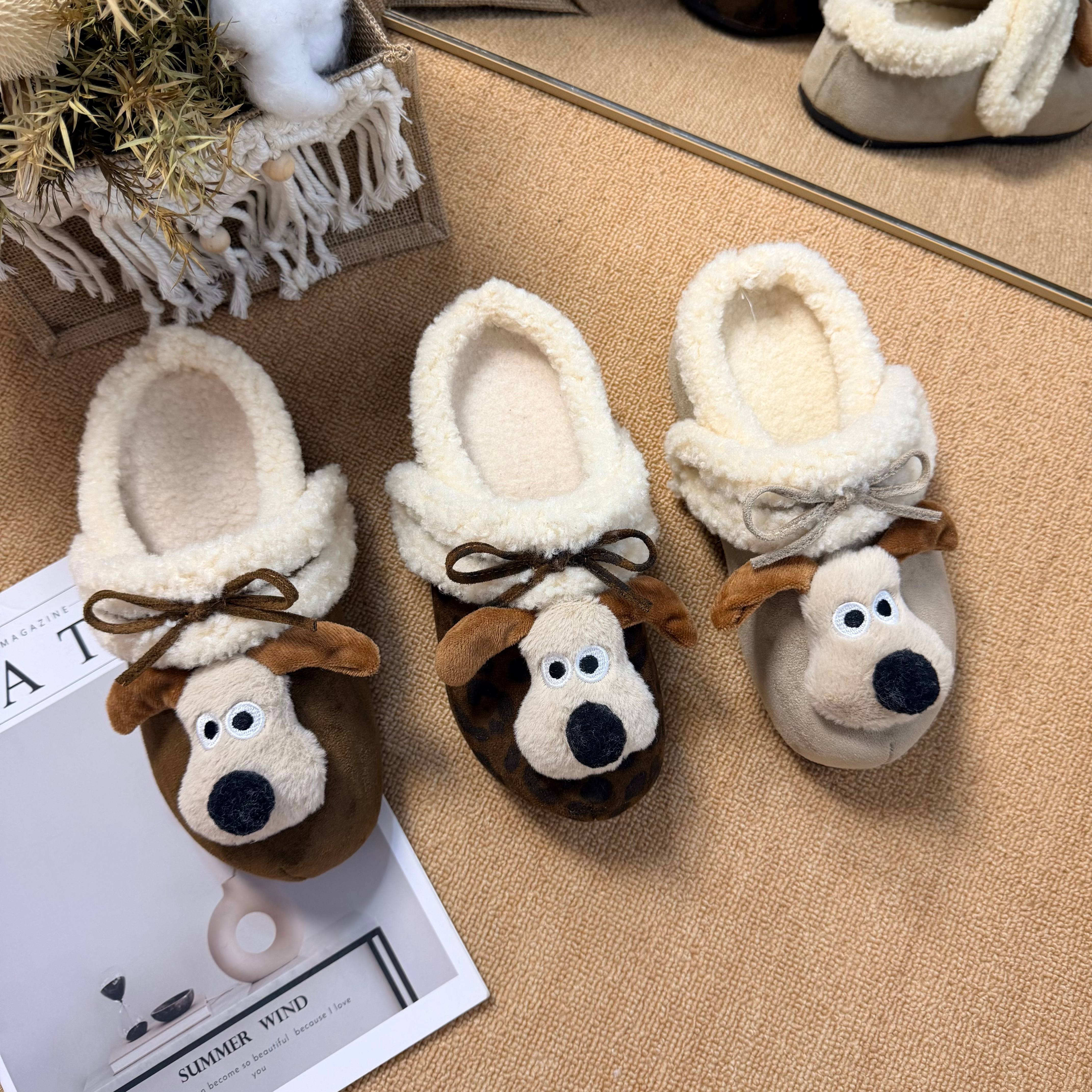 细细条情侣可爱卡通小狗毛毛拖鞋秋冬新款百搭时尚防滑保暖拖鞋女