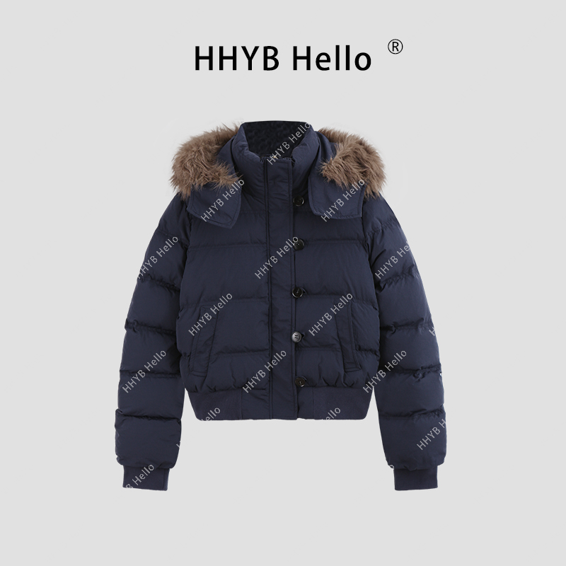 HHYB Hello【售完不补】2024冬季藏青连帽毛领休闲棉服女Q245058
