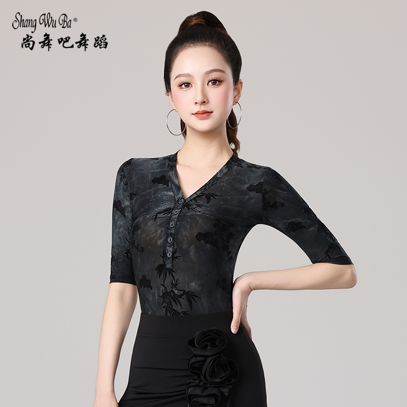 拉丁舞上衣女中袖印花摩登舞服装新款交谊舞衣纽扣国标舞蹈练功服