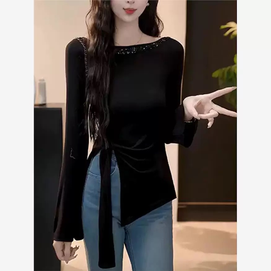 纯欲风一字肩长袖上衣女春季新款设计感小众亮片绑带不规则T恤ins
