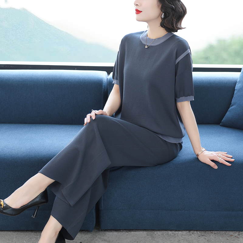 休闲时尚套装女夏季短袖2025新款时髦洋气宽松妈妈装阔腿裤两件套