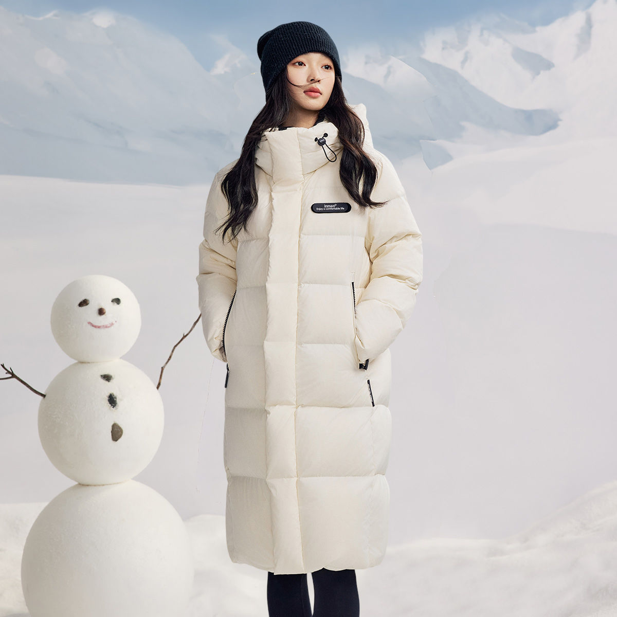 茵曼冬季90鸭绒日常通勤中长款保暖连帽羽绒服女简约休闲厚外套女