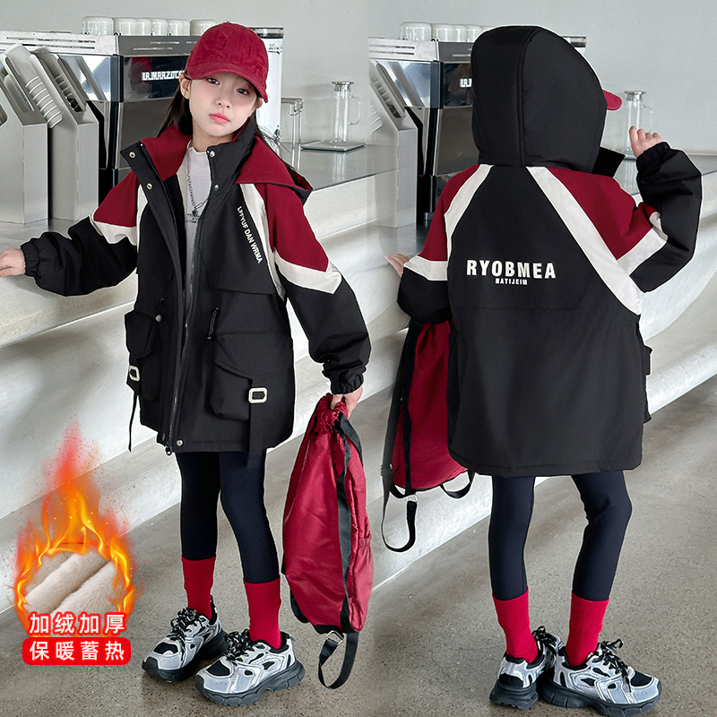 女童秋冬款派克服2025新款洋气加绒加厚时尚中大童拼色字母外套潮