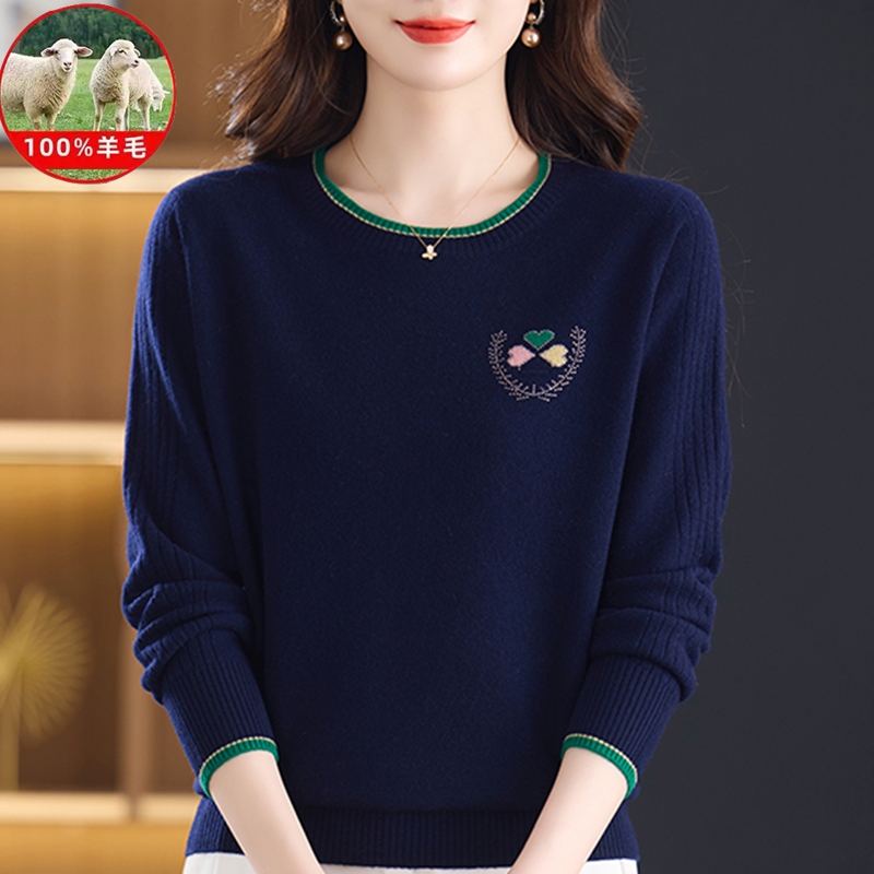 碎花圆领中老年女装衫秋冬100%绵羊毛薄款常规款纯羊毛打底衫上衣