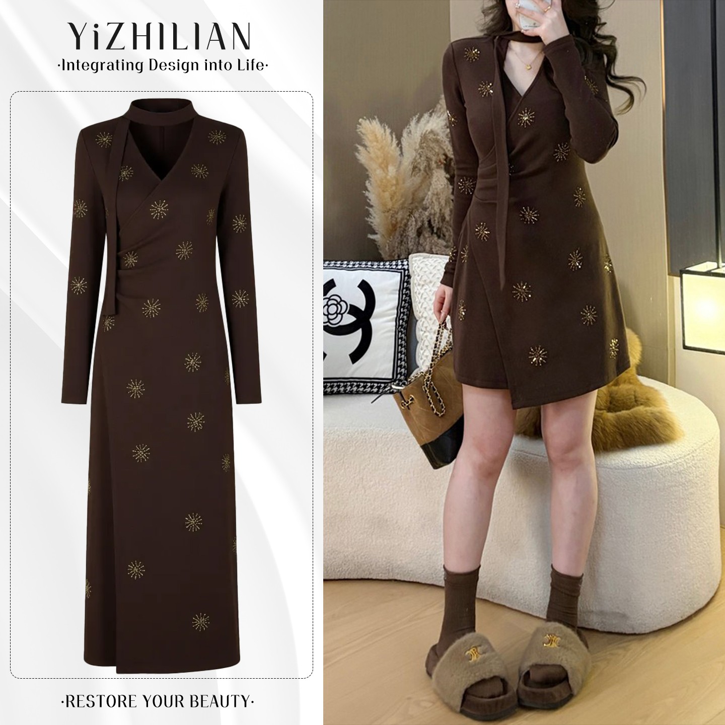 小香风V领烫钻长袖收腰连衣裙女秋冬新款法式修身显瘦打底短裙子