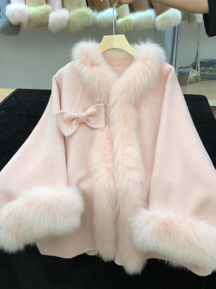 温柔千金风甜美粉色落肩袖设计感毛绒呢子大衣蝴蝶结可爱外套冬季