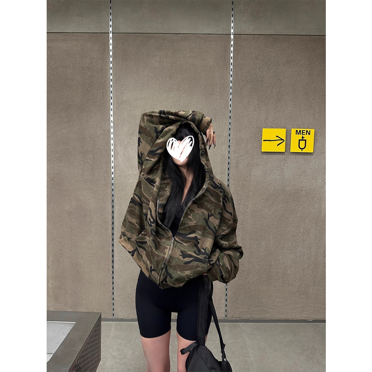 迷彩连帽卫衣外套女秋季美式慵懒风宽松百搭开衫休闲复古拉链上衣