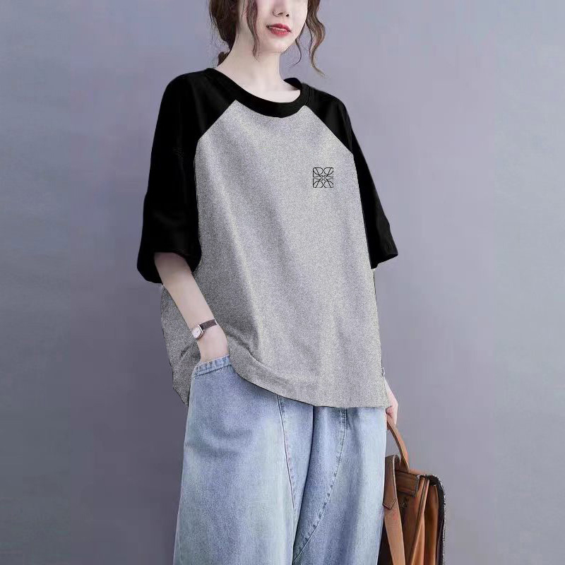 100%棉插肩袖短袖T恤女夏大码200斤宽松显瘦洋气减龄休闲百搭上衣