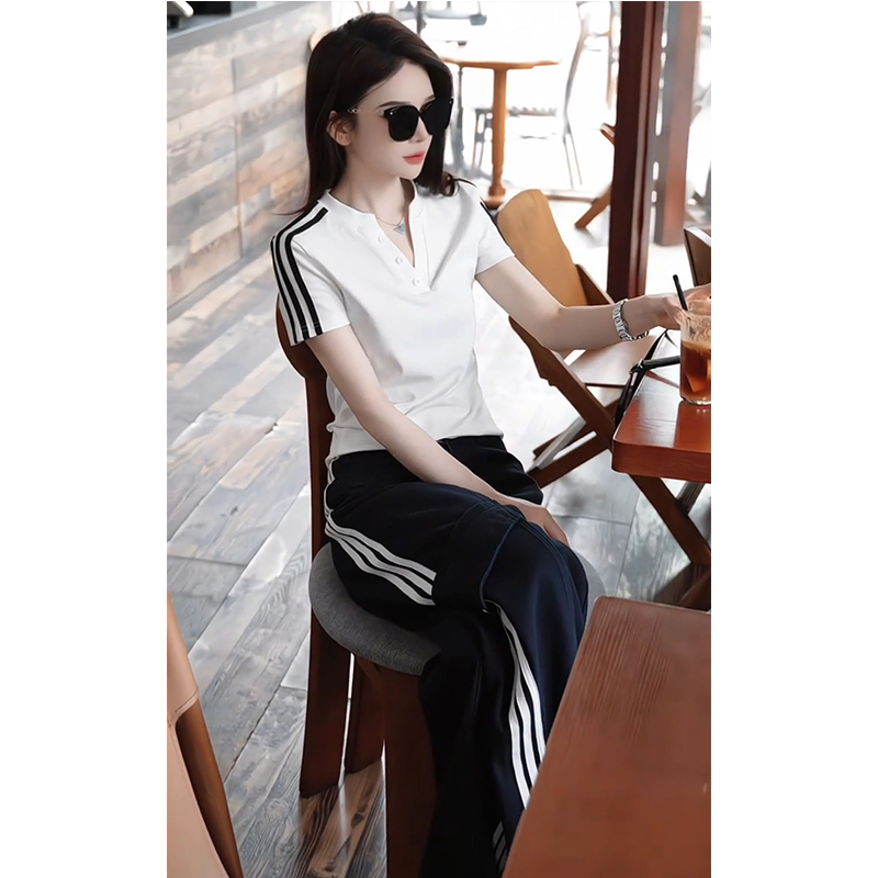 2025夏季休闲运动三条杠v领短袖t恤高腰直筒裤子韩版减龄两件套装