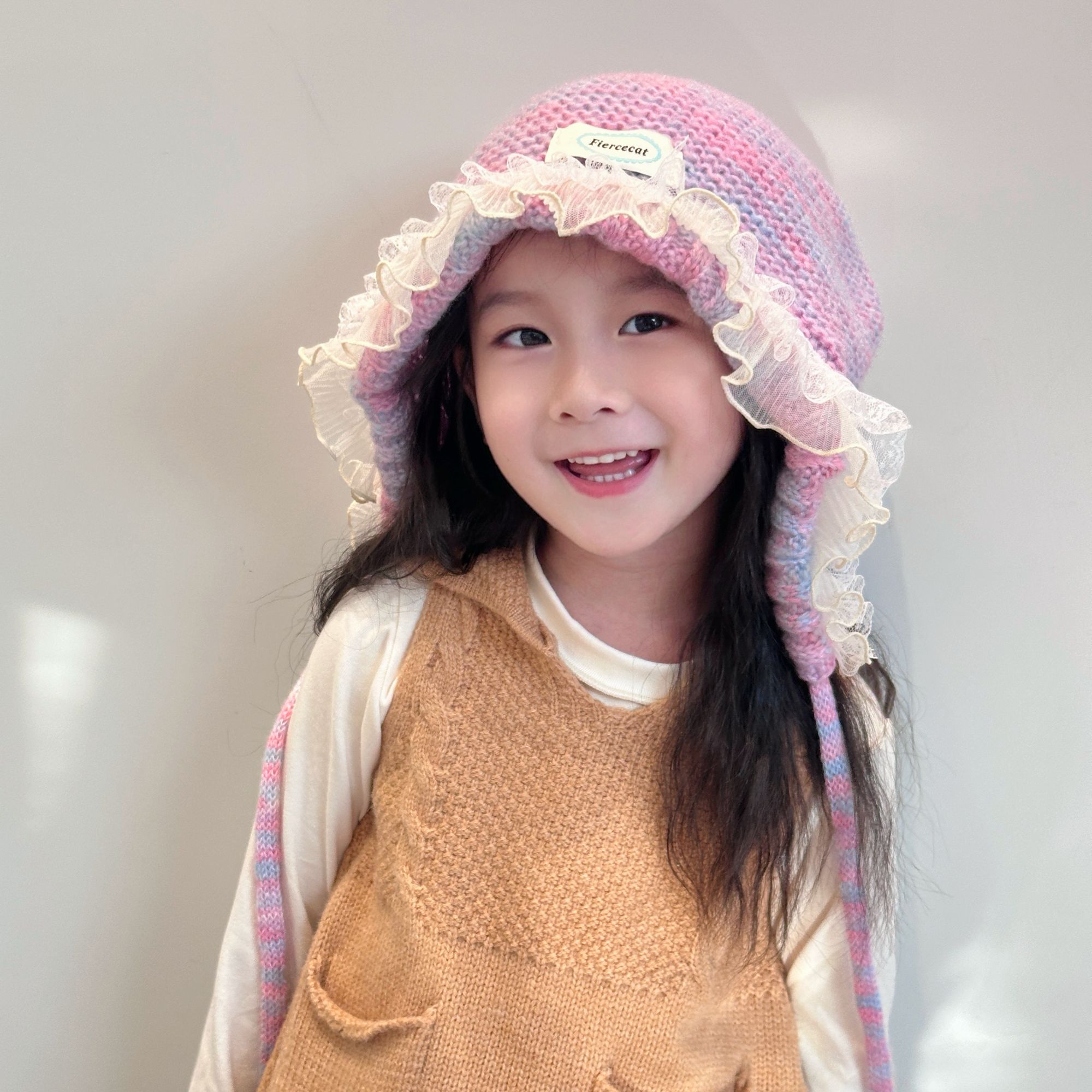 儿童秋冬炫彩蕾丝彩虹帽子甜美毛线亲子款女孩甜美保暖韩系渔夫帽