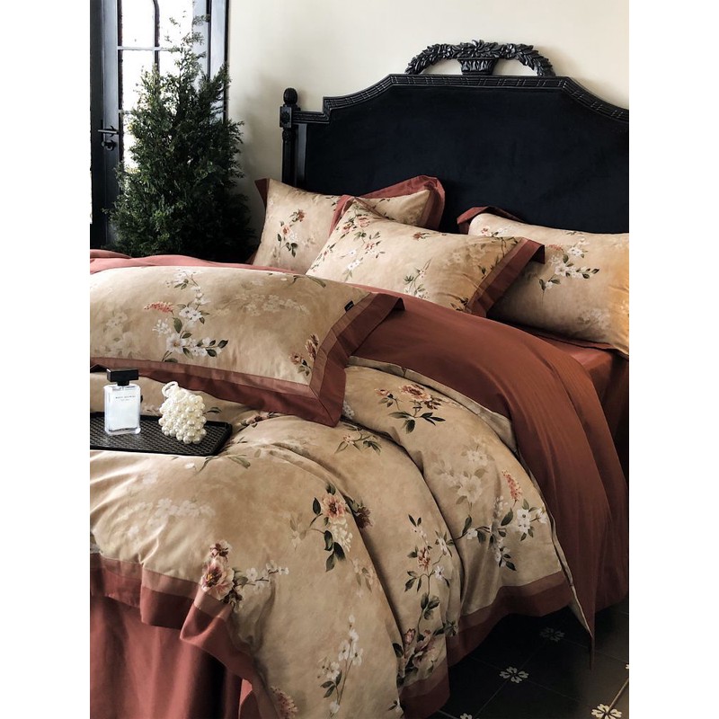 水星高端系列家纺美国1000长绒棉拉丝床四件套复古红色纯棉暖被套