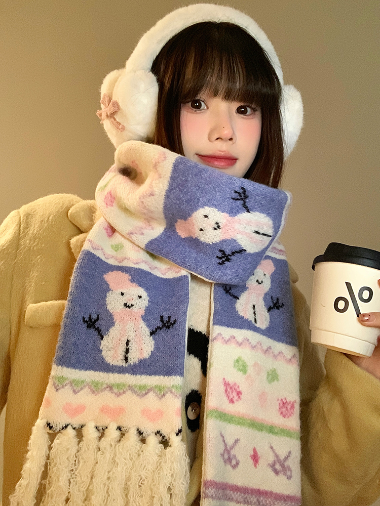 复古雪人提花针织围巾女冬季2025新款韩系氛围感加厚保暖防寒围脖