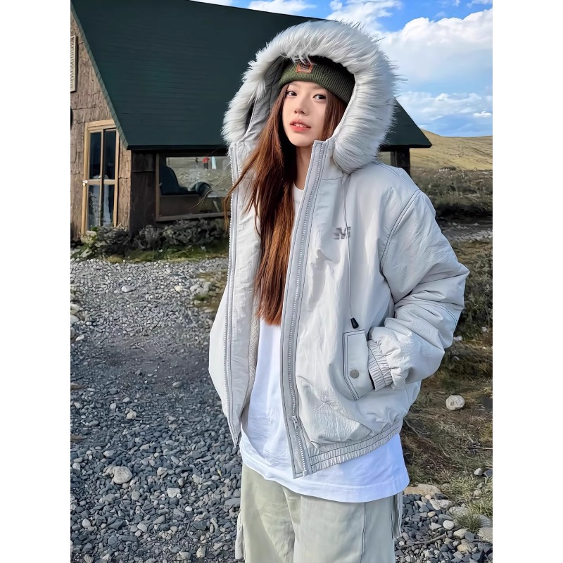 美式毛领连帽棉服男款冬季cleanfit短款痞帅夹克加厚保暖棉衣外套