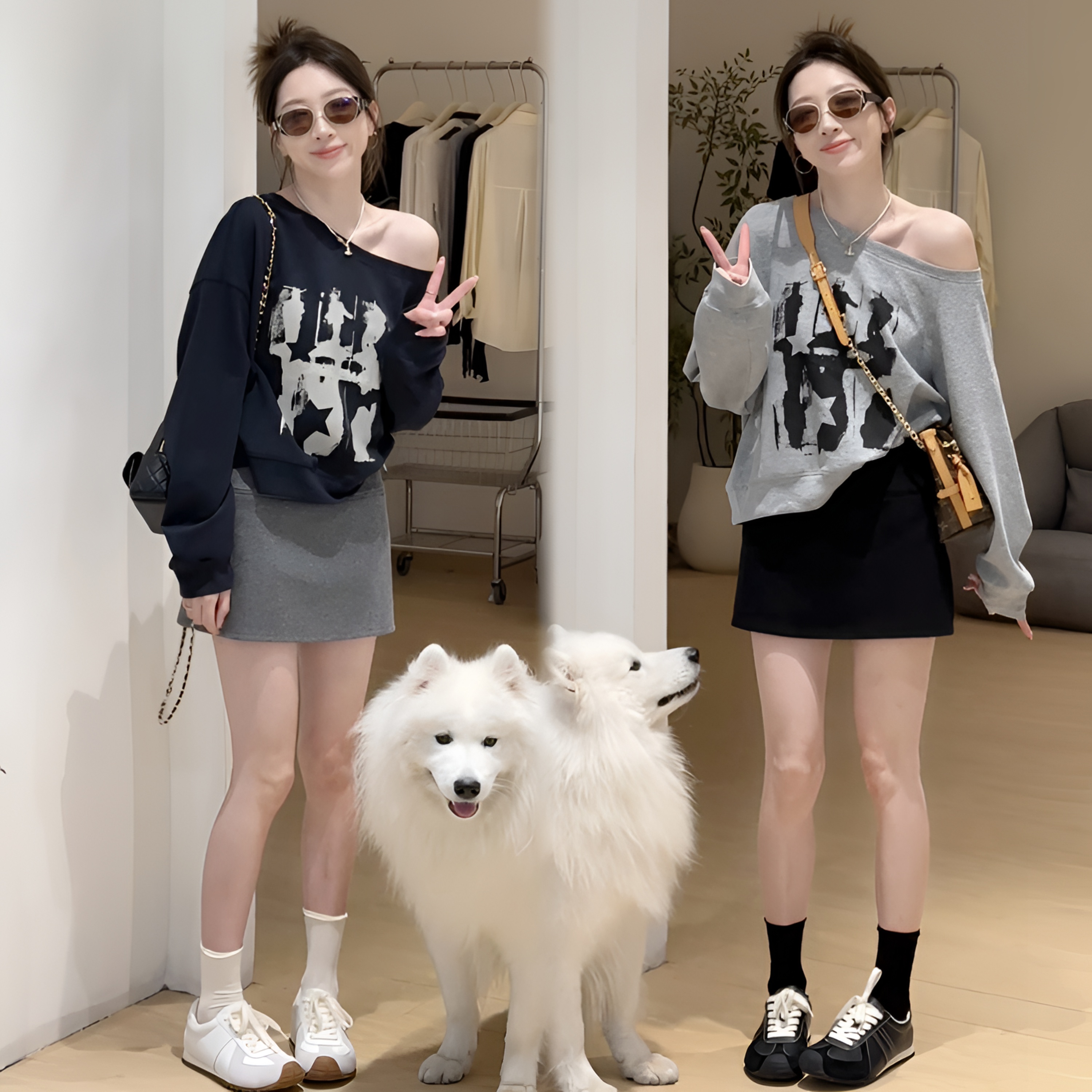 2025早秋女士新款时尚韩系休闲宽松简约百搭显瘦斜肩卫衣半裙套装