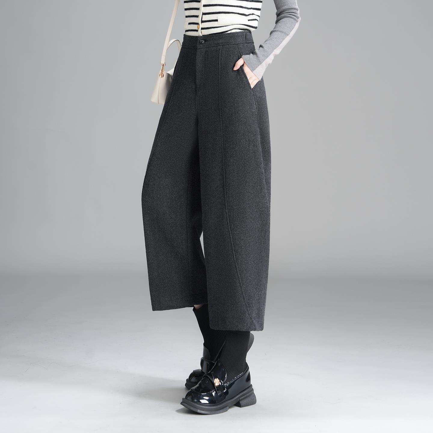 深灰色八分毛呢弯刀裤女秋冬季裤子新款九分小个子休闲阔腿气球裤
