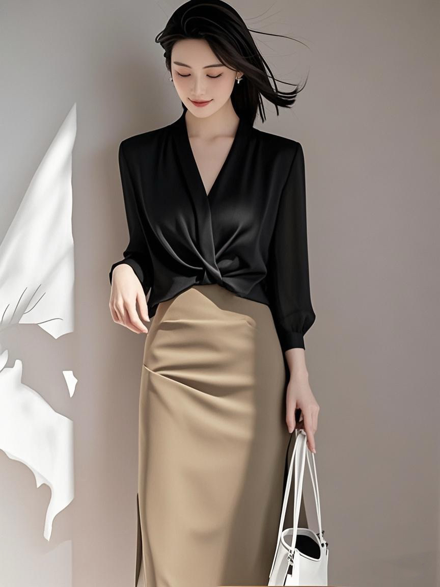 SS1014黑色上衣宽松独特气质上衣设计感小众优雅洋气半裙两件套