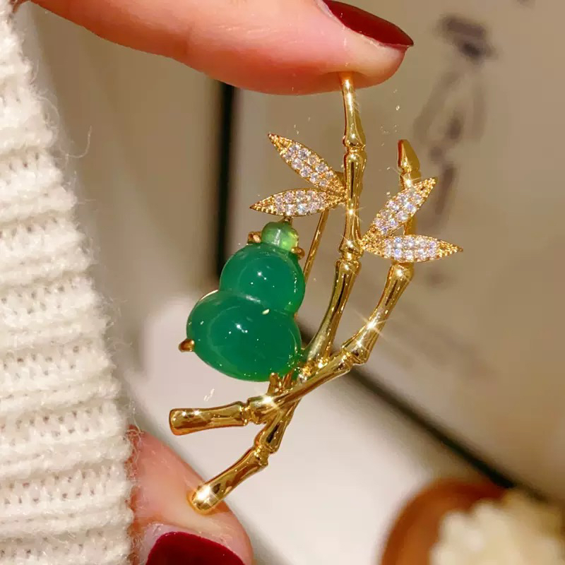 铜合金胸针 新款国风发财葫芦竹叶胸针百搭旗袍胸花轻奢古风配饰