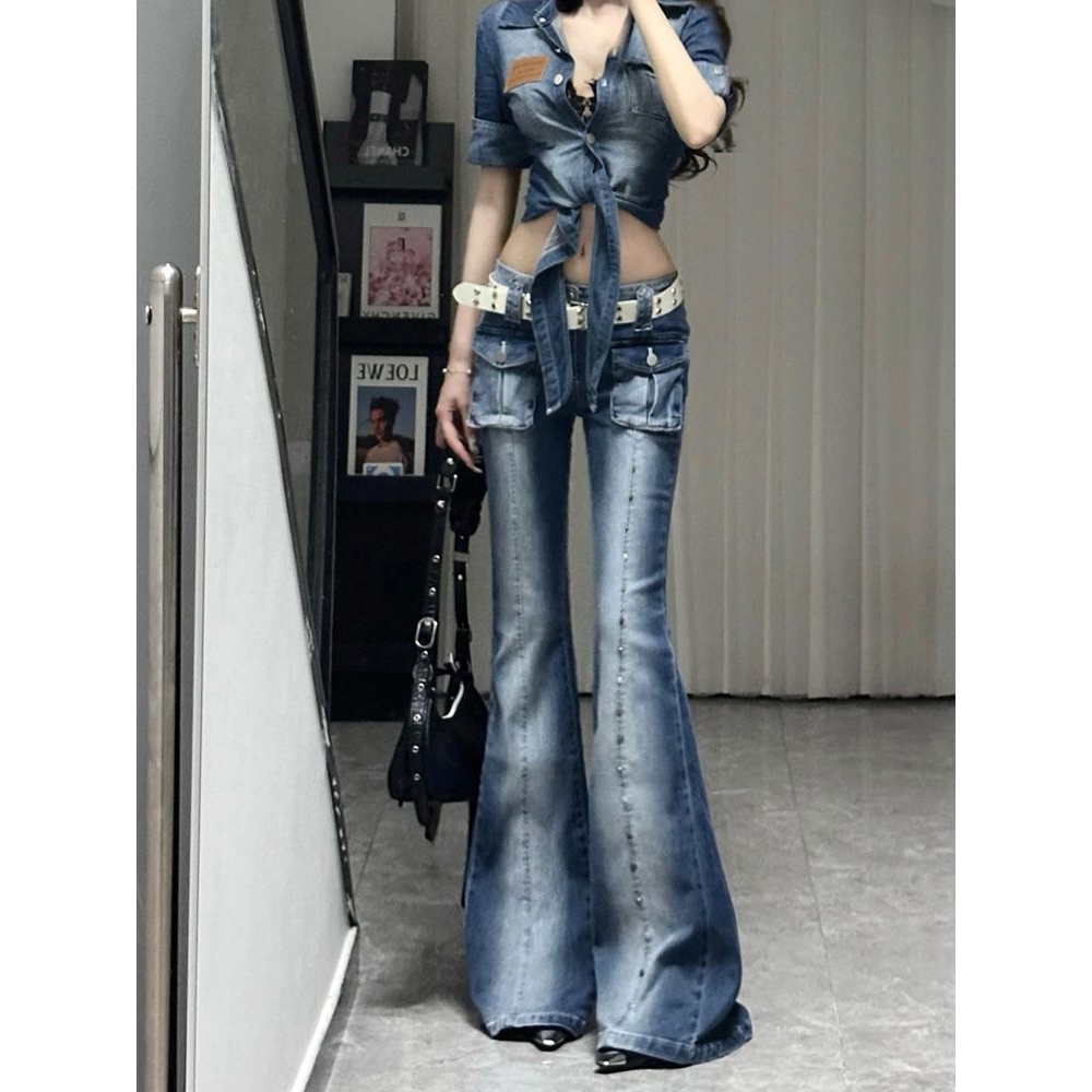 美式辣妹高级感低腰微喇叭牛仔裤女2025夏季流行宽松显瘦工装裤子