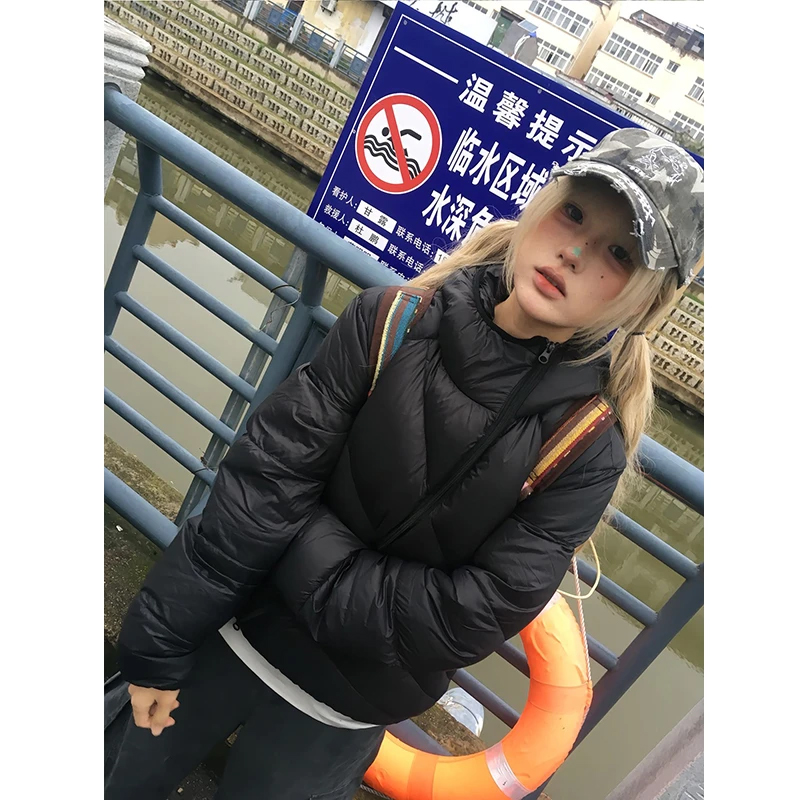 斜拉链轻便连帽排骨简约棉服男冬季短款加厚保暖棉衣潮流棉袄外套