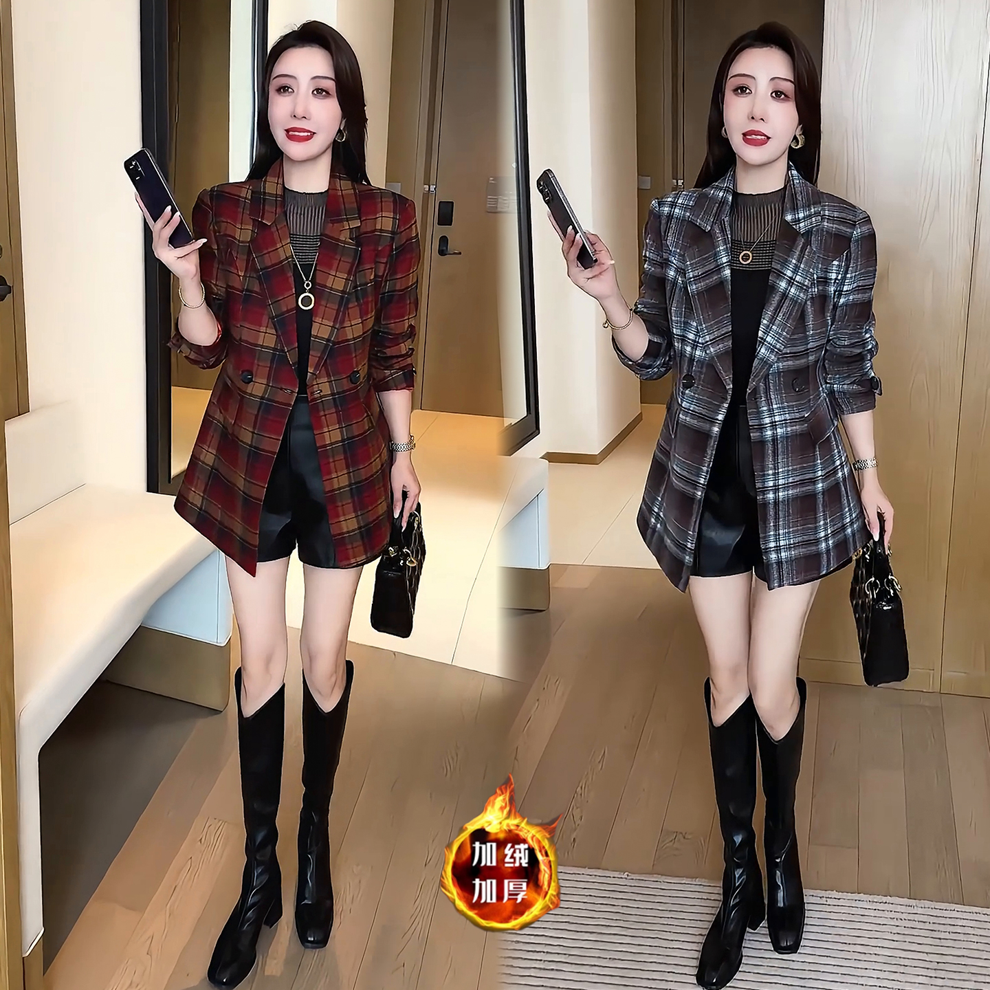 时髦加绒格子毛呢外套女2025秋冬新款减龄加厚呢子外套显瘦大衣潮