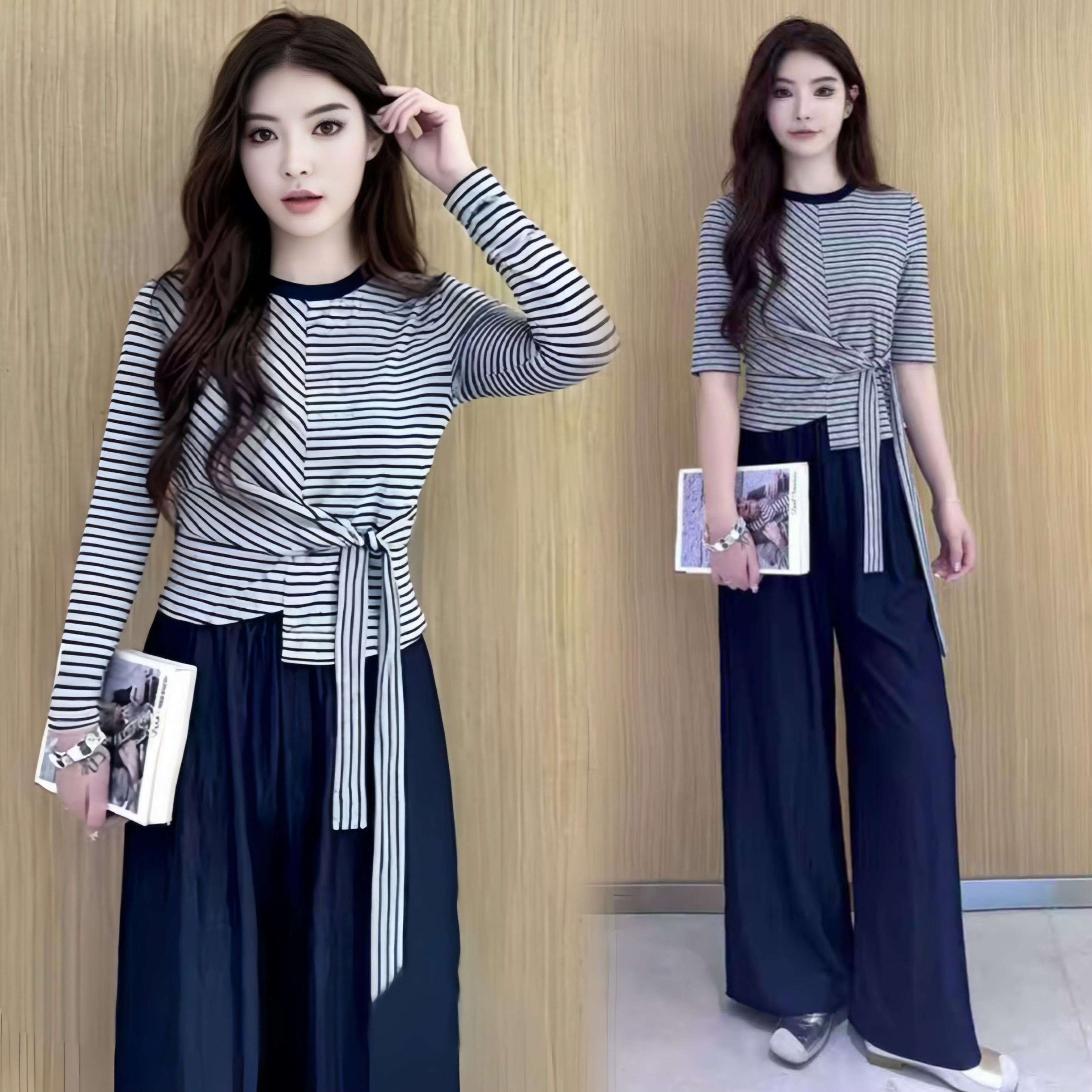 纯欲风套装女秋季款洋气减龄显瘦不规则条纹长袖上衣阔腿裤两件套