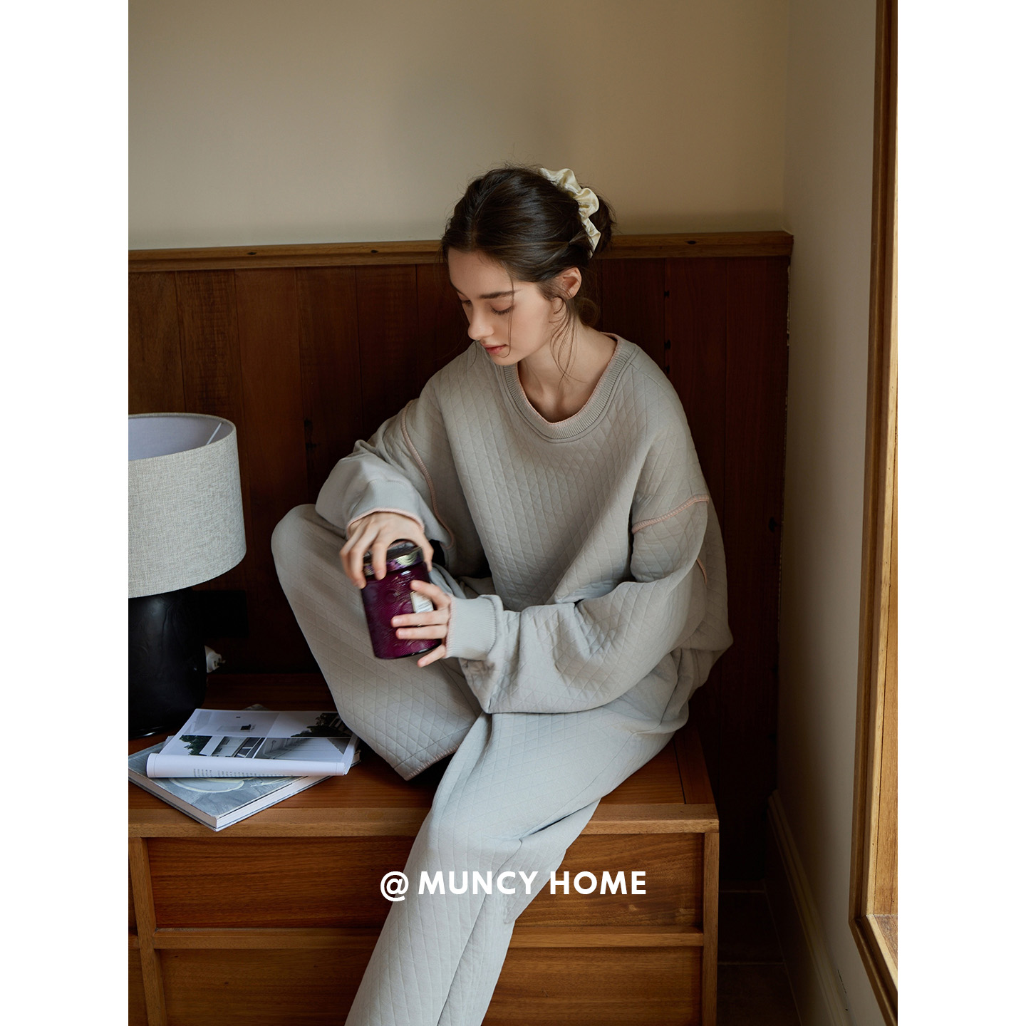 曼系“暖暖菱格”三层薄夹棉设计感套头宽松休闲睡衣女秋冬家居服