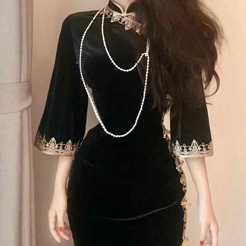 新款新中式黑色原创秋冬高级民国风复古气质倒大袖旗袍连衣裙子