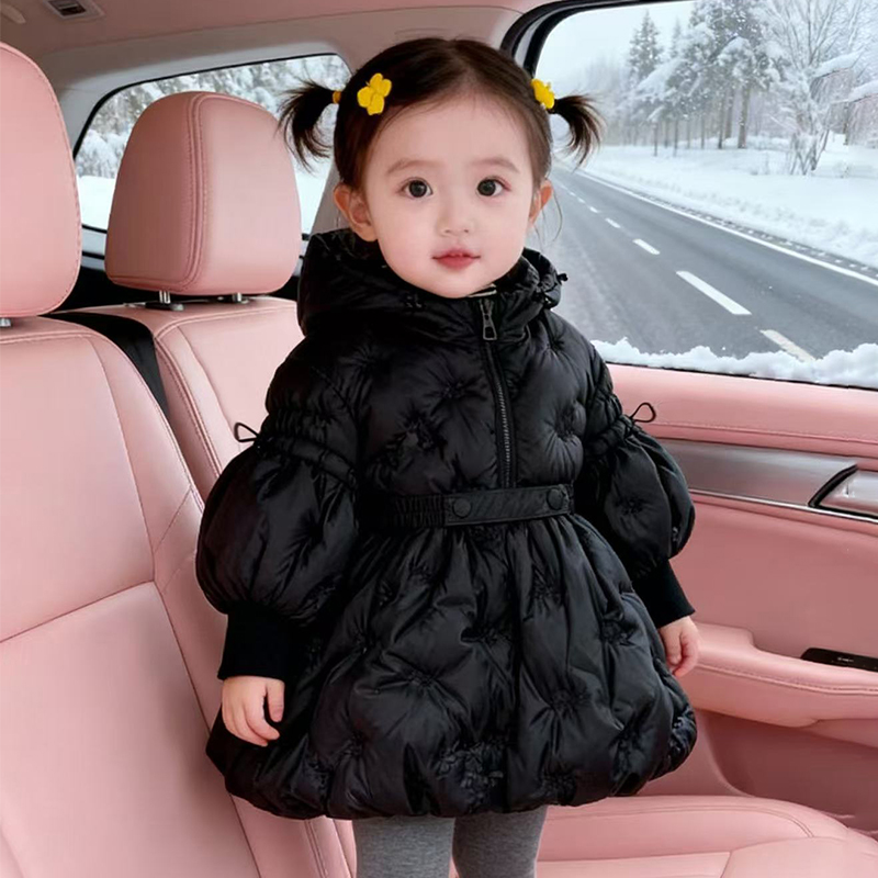 新款儿童装冬季女童棉衣法式灯笼袖刺绣宝宝冬装收腰保暖棉服外套