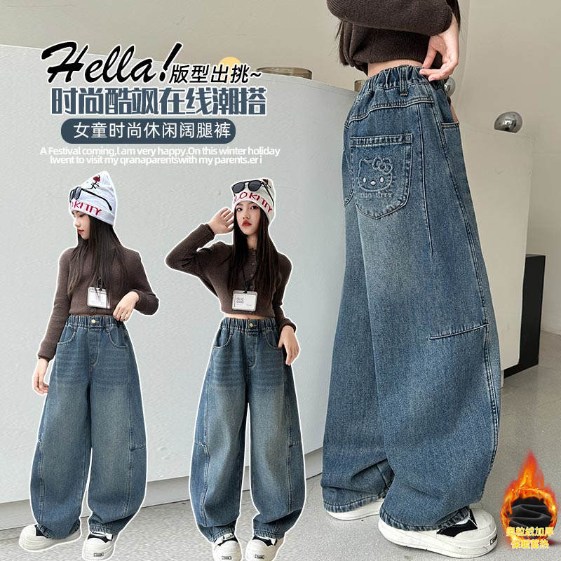女童冬季加绒牛仔裤2025新款中大童小女孩洋气卡通韩系加厚弯刀裤