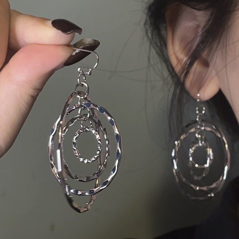 合金耳饰 气质复古多层锤纹耳圈吊坠耳环女清冷感耳钉酷感姐系ins
