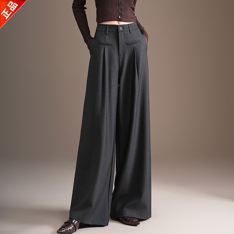 正品2025新款秋冬女休闲阔腿裤垂感时尚韩版高腰羊毛呢西装拖地裤