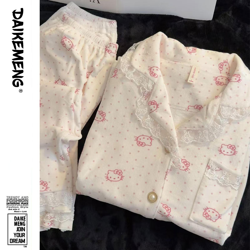 少女kitty猫德绒睡衣秋冬款甜美蕾丝拼接长袖开衫可外穿家居套装