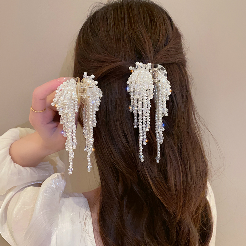 富家千金~仿珍珠流苏抓夹女后脑勺半扎发鲨鱼夹高级感发夹子头饰