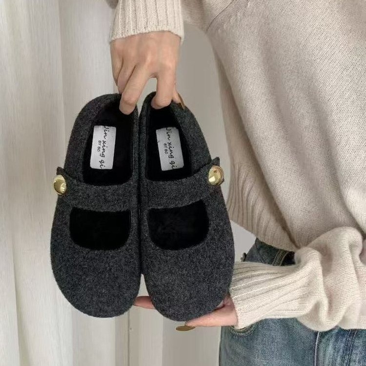 复古灰色呢子一字带玛丽珍勃肯鞋子秋冬保暖棉鞋加绒单鞋女豆豆鞋