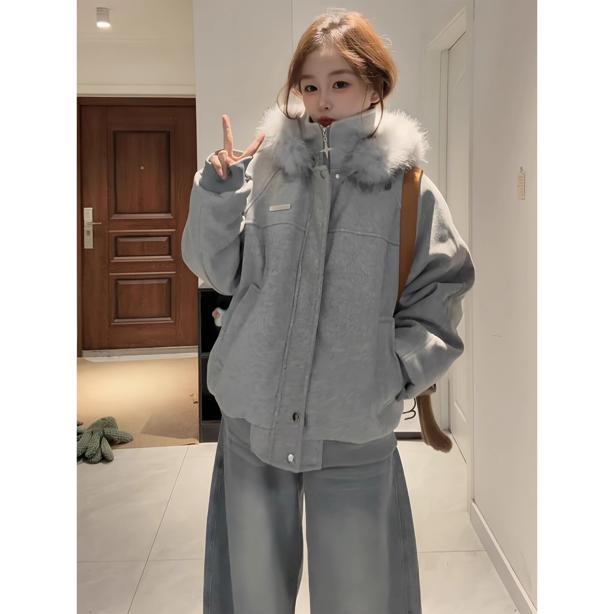 灰色美式复古连帽毛呢棉服女款冬季加厚保暖毛领拼接情侣棉衣外套