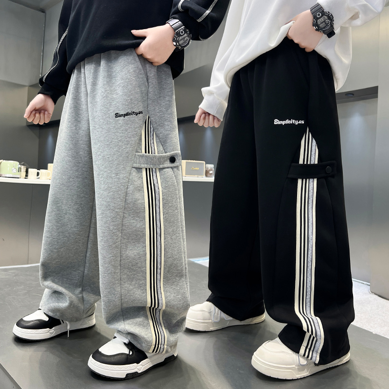 男童卫裤2025春秋冬运动裤时尚斜拼拉条装饰休闲裤男孩中大童长裤