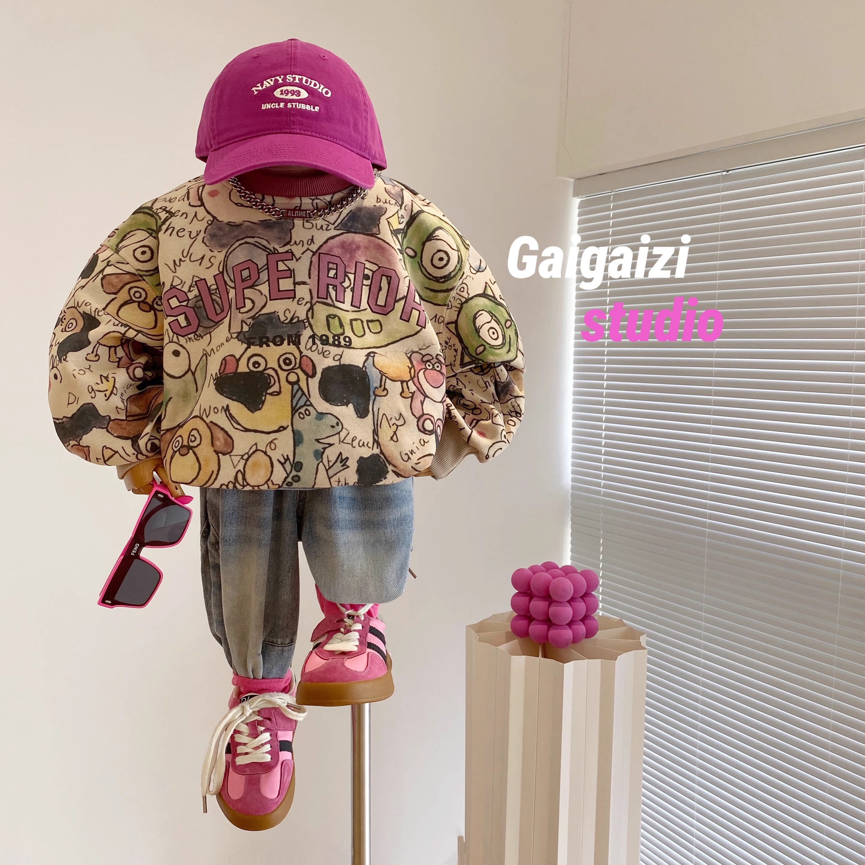 中大童卫衣2025时尚满印卡通可爱T恤儿童韩系洋气长袖圆领上衣潮