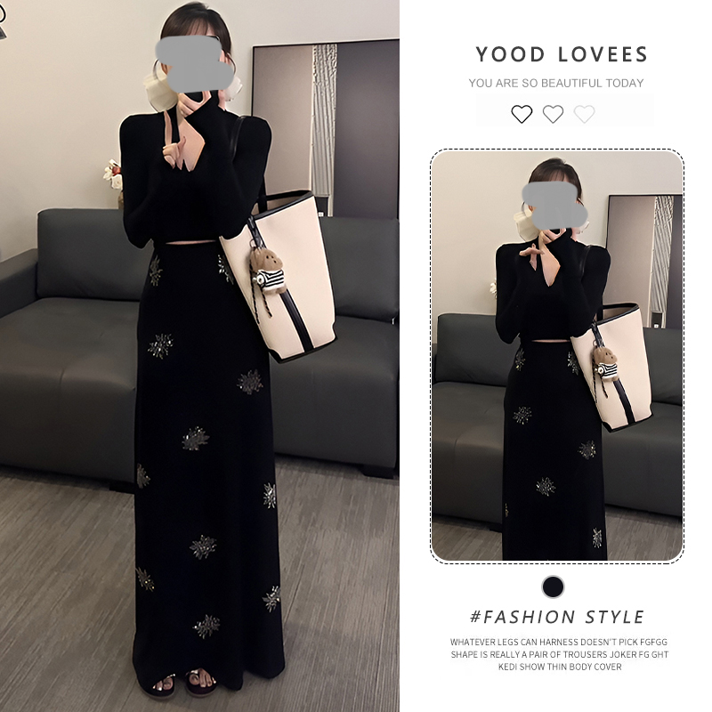 春秋韩系风紧身V领长袖打底上衣+高腰印花百搭半身裙时尚两件套潮