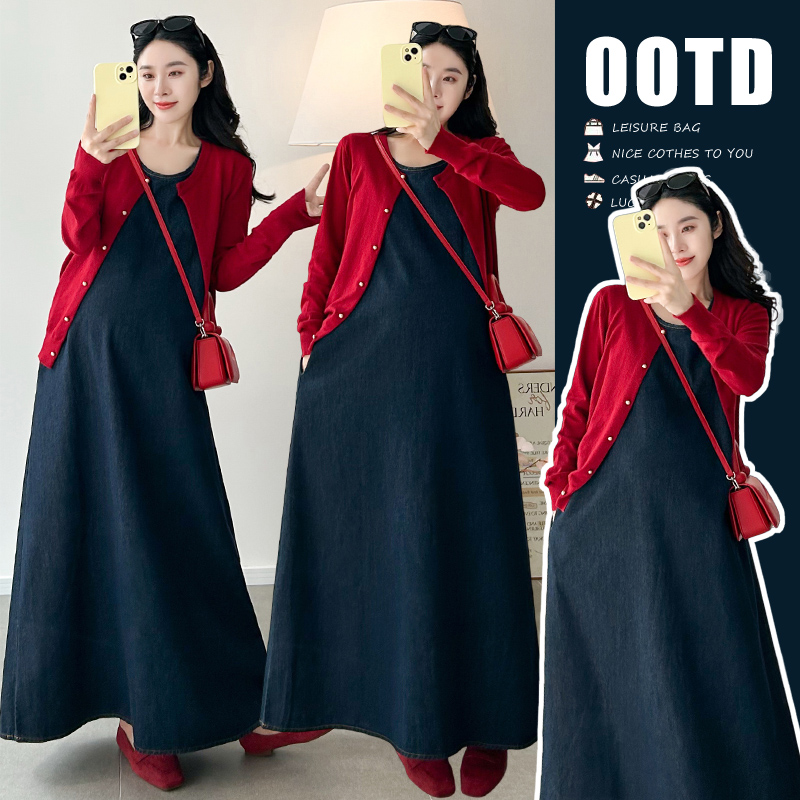 孕妇装秋装2025新款秋冬洋气时尚宽松休闲牛仔背心连衣裙开衫上衣